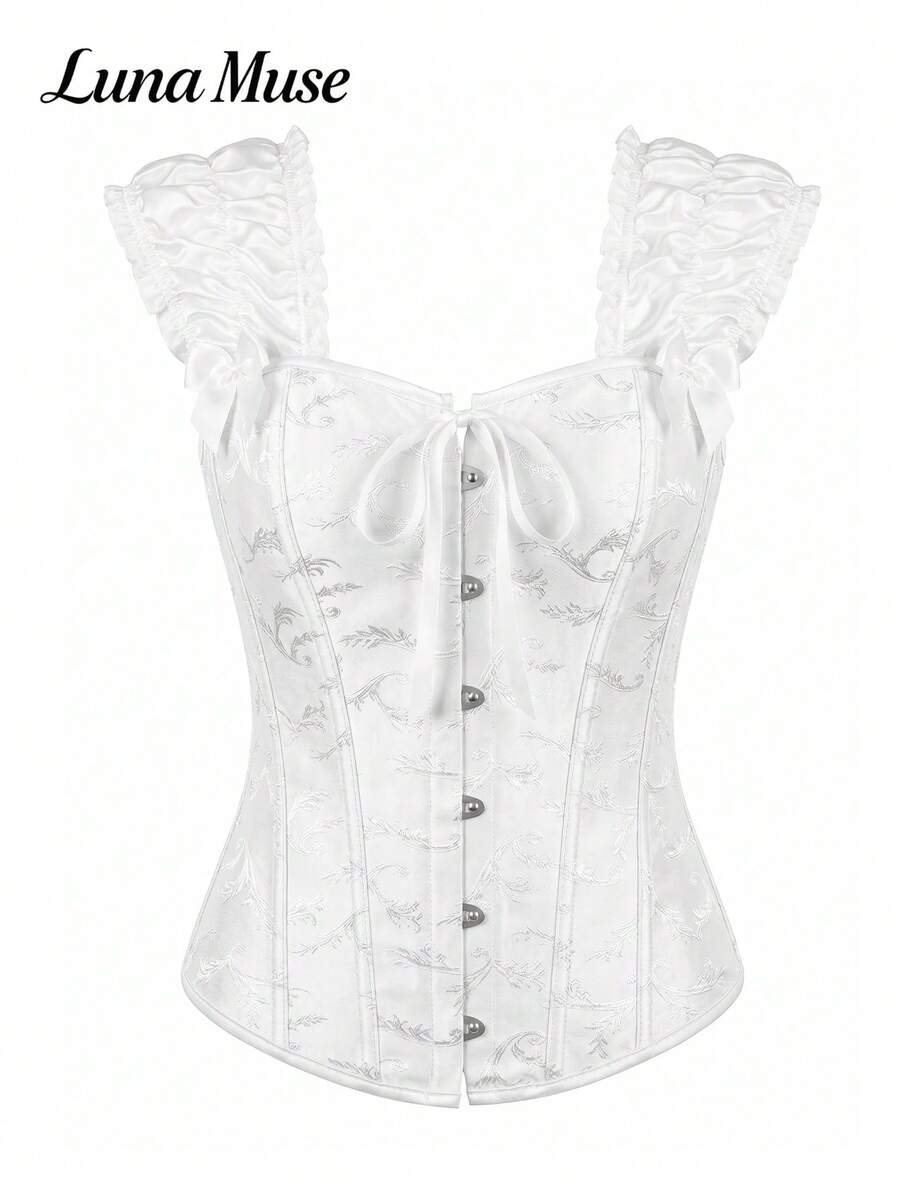 Women's jacquard bustier top with sweetheart neckline, boned construction, backless tie-back detail, and slim fit gothic style design.