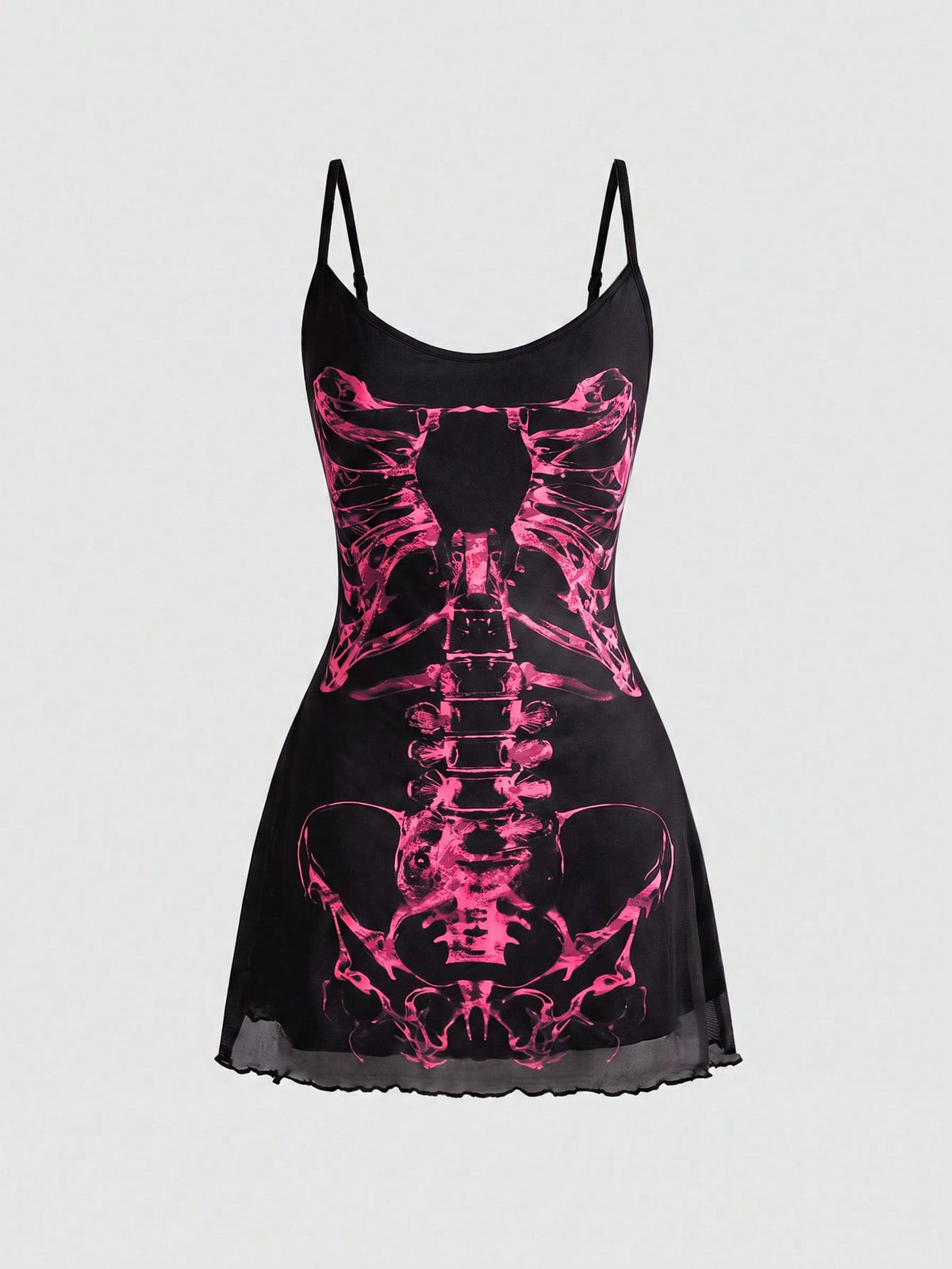 Women's black Gothic skeleton print mesh cami mini dress featuring ruched details, lettuce trim, and thin spaghetti straps.