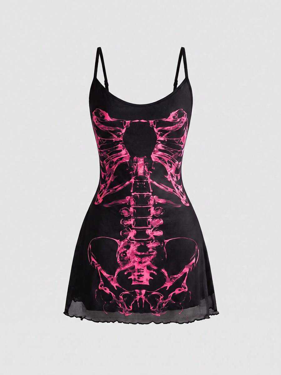 Women's black Gothic skeleton print mesh cami mini dress featuring ruched details, lettuce trim, and thin spaghetti straps.