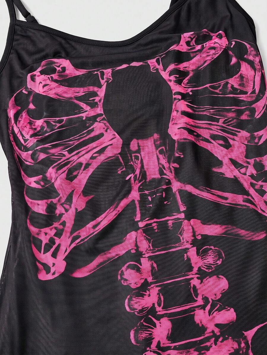 Women's black Gothic skeleton print mesh cami mini dress featuring ruched details, lettuce trim, and thin spaghetti straps.