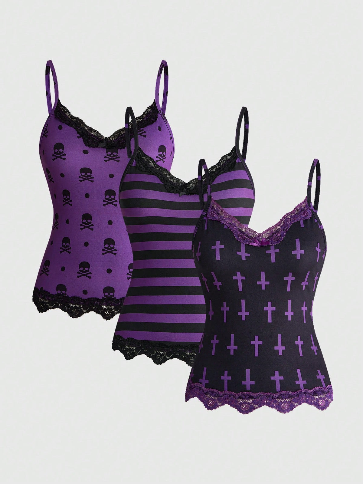 Three-piece women's camisole set featuring a retro music note and piano keyboard print, delicate contrast lace trim, front bow accent, and slim fit spaghetti straps.