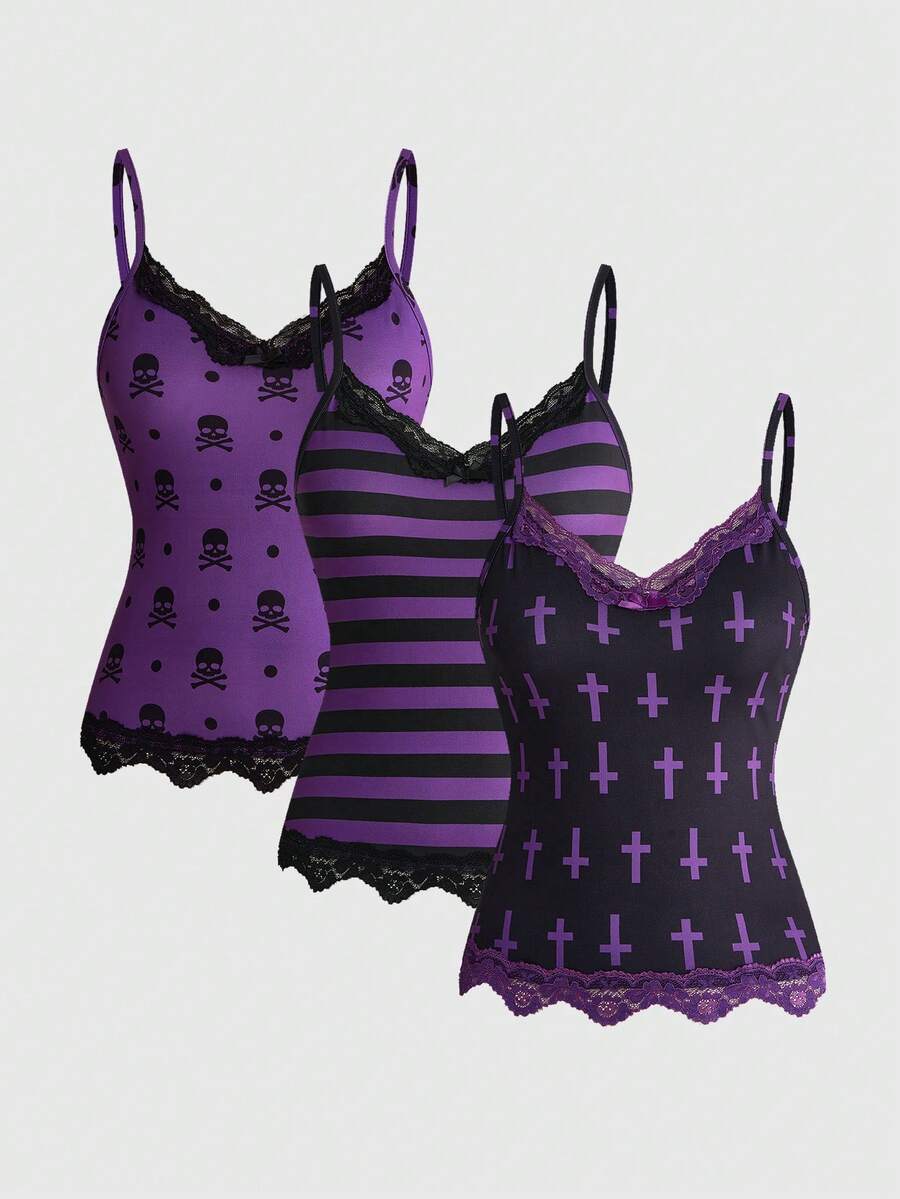 Three-piece women's camisole set featuring a retro music note and piano keyboard print, delicate contrast lace trim, front bow accent, and slim fit spaghetti straps.