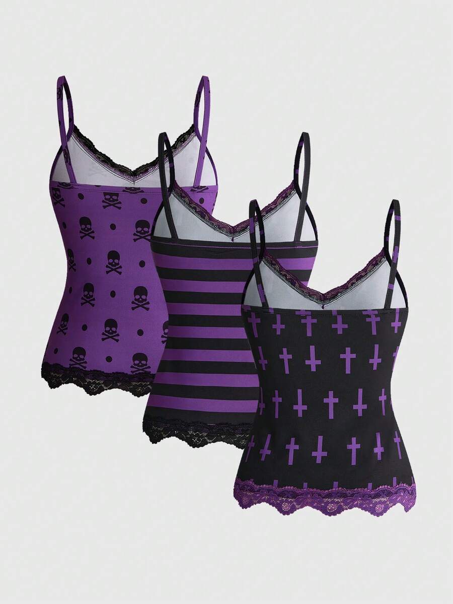 Three-piece women's camisole set featuring a retro music note and piano keyboard print, delicate contrast lace trim, front bow accent, and slim fit spaghetti straps.