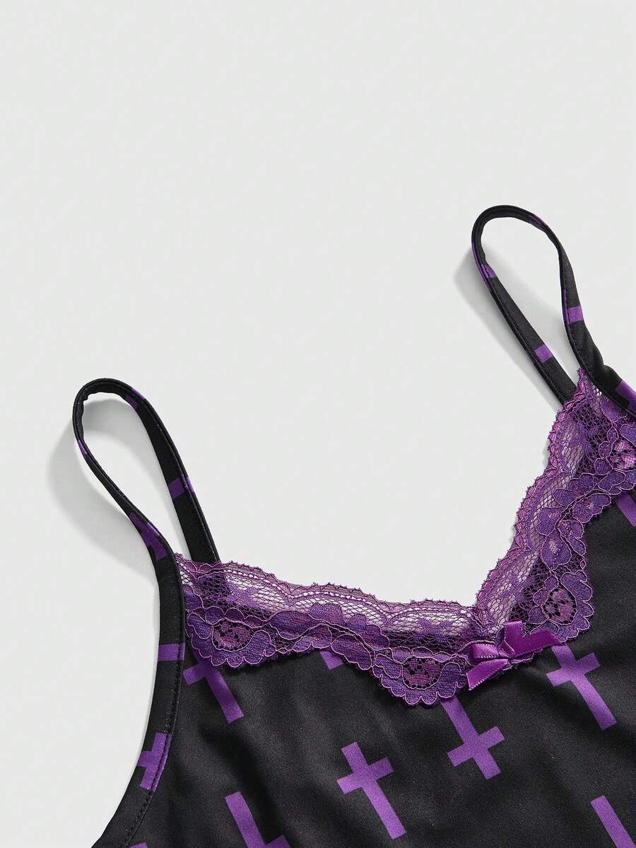 Three-piece women's camisole set featuring a retro music note and piano keyboard print, delicate contrast lace trim, front bow accent, and slim fit spaghetti straps.