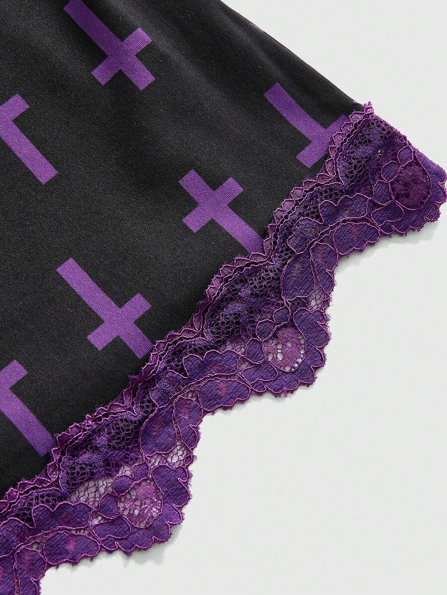 Three-piece women's camisole set featuring a retro music note and piano keyboard print, delicate contrast lace trim, front bow accent, and slim fit spaghetti straps.