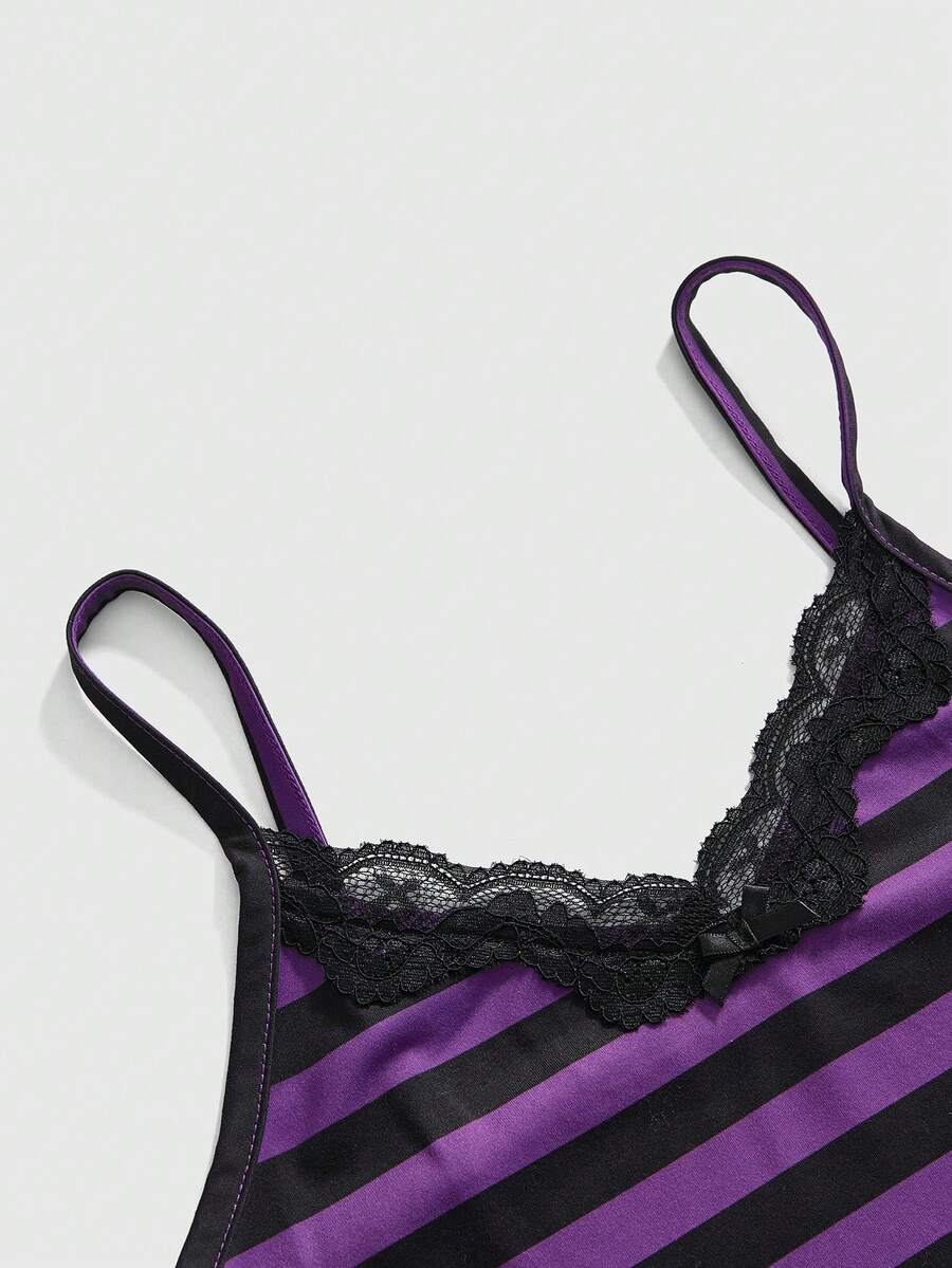 Three-piece women's camisole set featuring a retro music note and piano keyboard print, delicate contrast lace trim, front bow accent, and slim fit spaghetti straps.