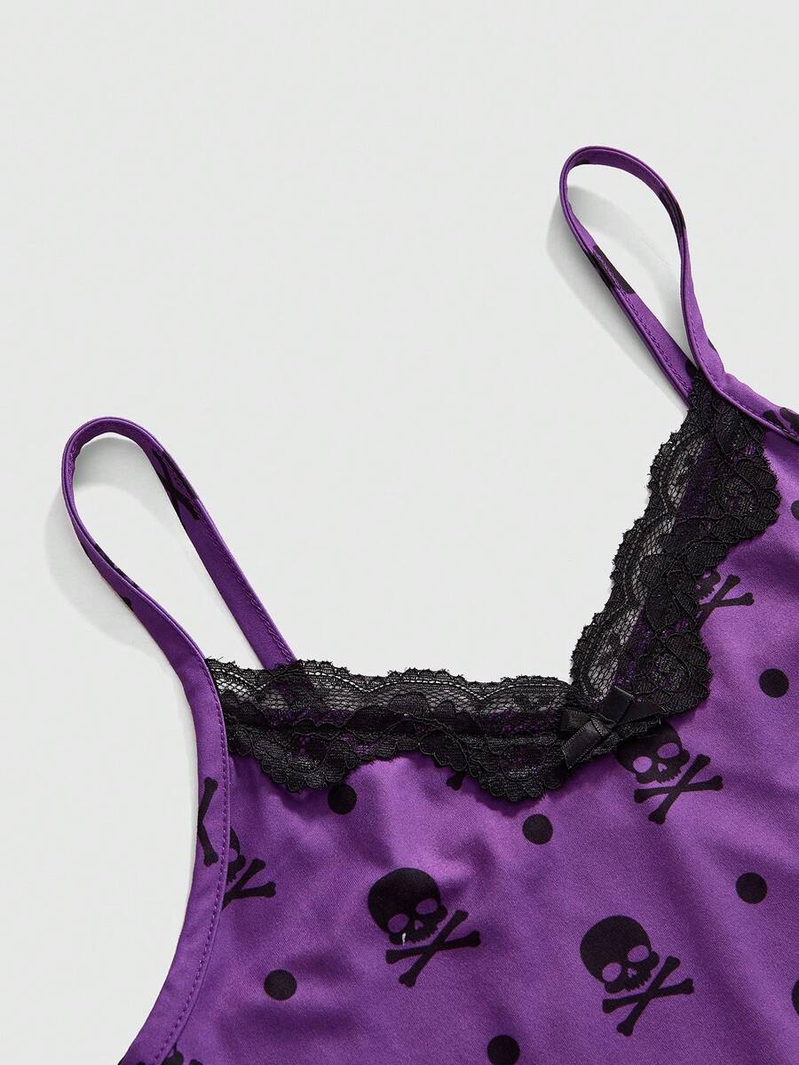 Three-piece women's camisole set featuring a retro music note and piano keyboard print, delicate contrast lace trim, front bow accent, and slim fit spaghetti straps.