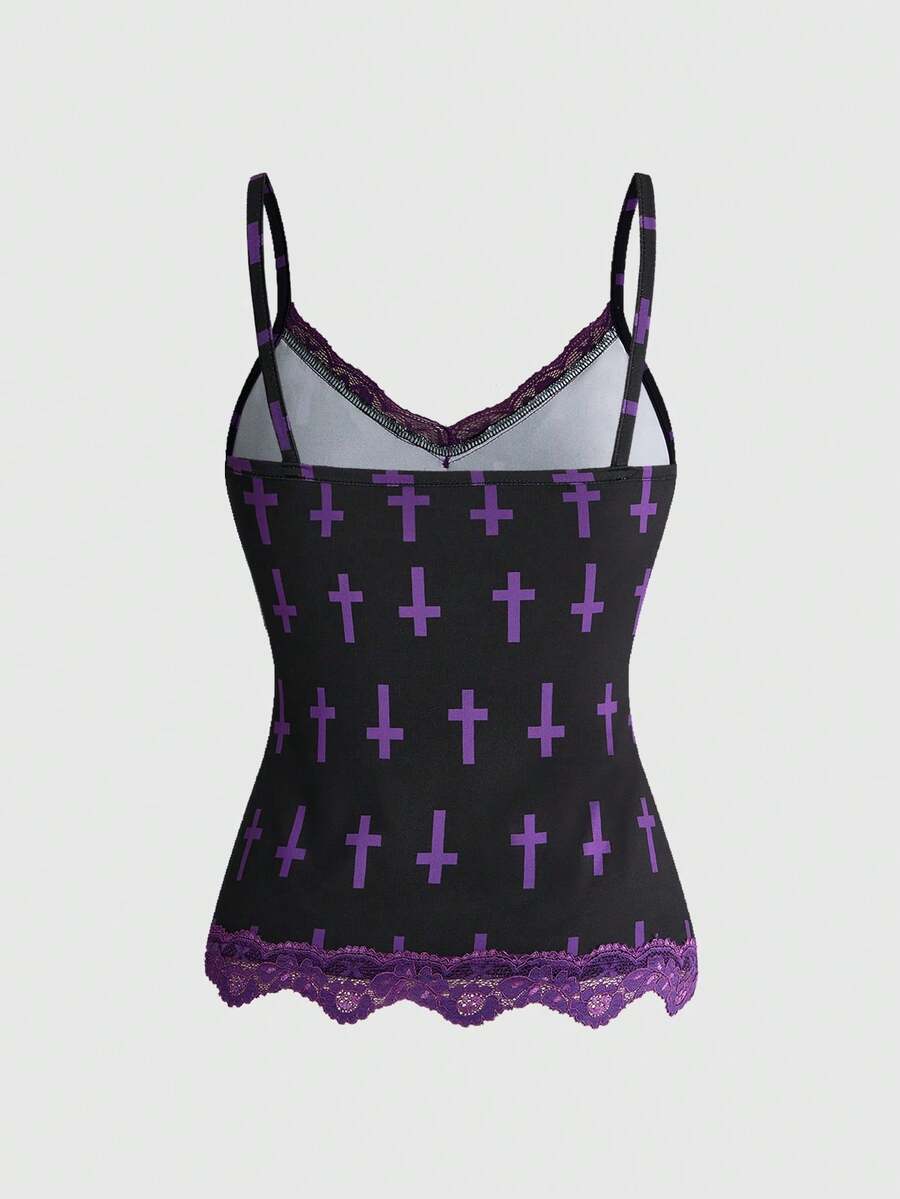 Three-piece women's camisole set featuring a retro music note and piano keyboard print, delicate contrast lace trim, front bow accent, and slim fit spaghetti straps.