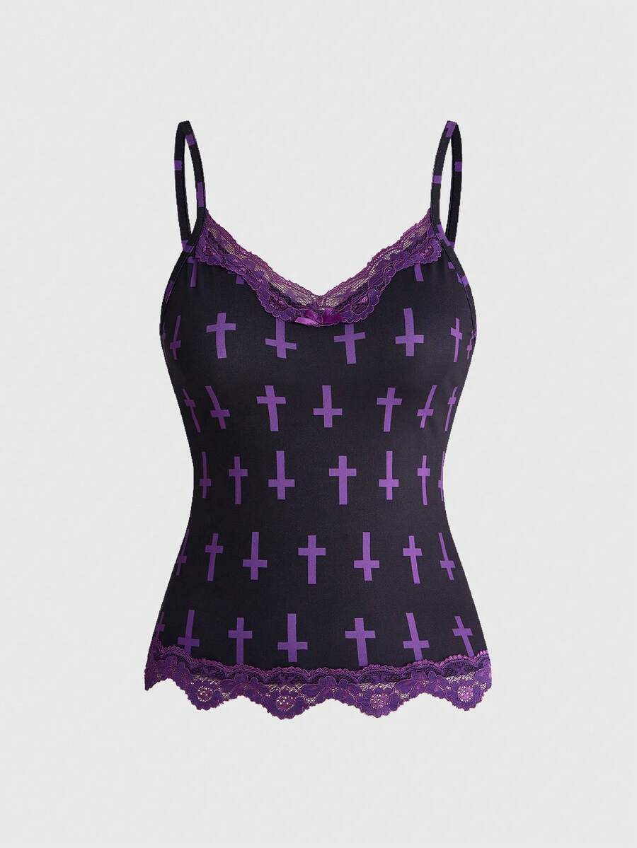 Three-piece women's camisole set featuring a retro music note and piano keyboard print, delicate contrast lace trim, front bow accent, and slim fit spaghetti straps.