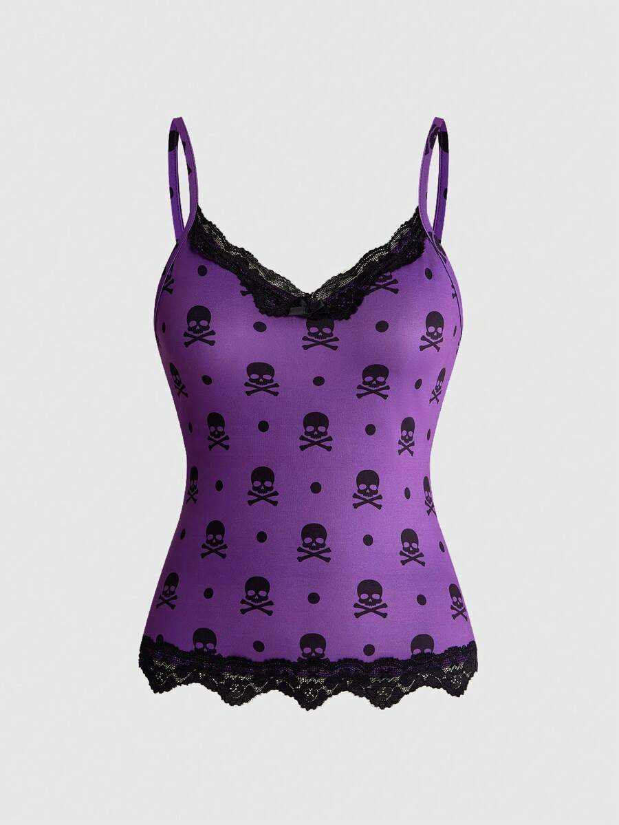 Three-piece women's camisole set featuring a retro music note and piano keyboard print, delicate contrast lace trim, front bow accent, and slim fit spaghetti straps.