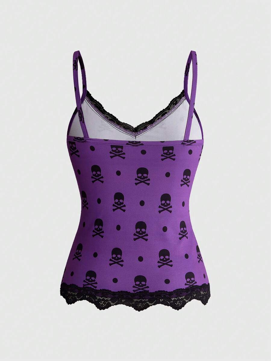 Three-piece women's camisole set featuring a retro music note and piano keyboard print, delicate contrast lace trim, front bow accent, and slim fit spaghetti straps.