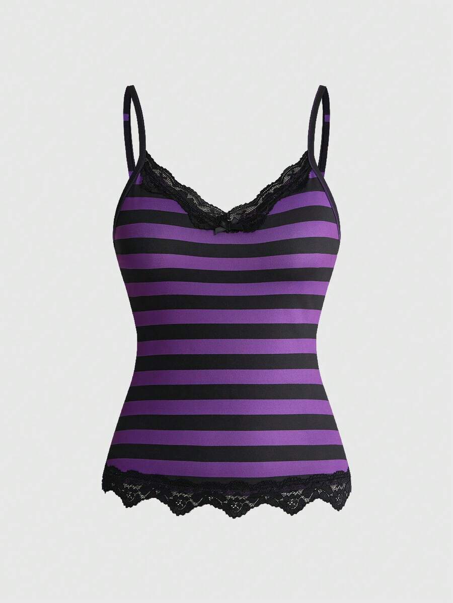 Three-piece women's camisole set featuring a retro music note and piano keyboard print, delicate contrast lace trim, front bow accent, and slim fit spaghetti straps.