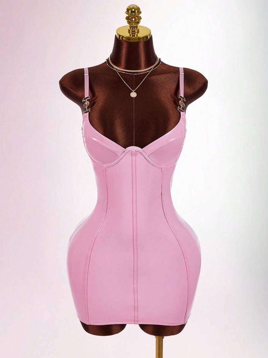 Women's sleeveless spaghetti strap mini bodycon dress featuring cup details, backless design, and zipper closure.