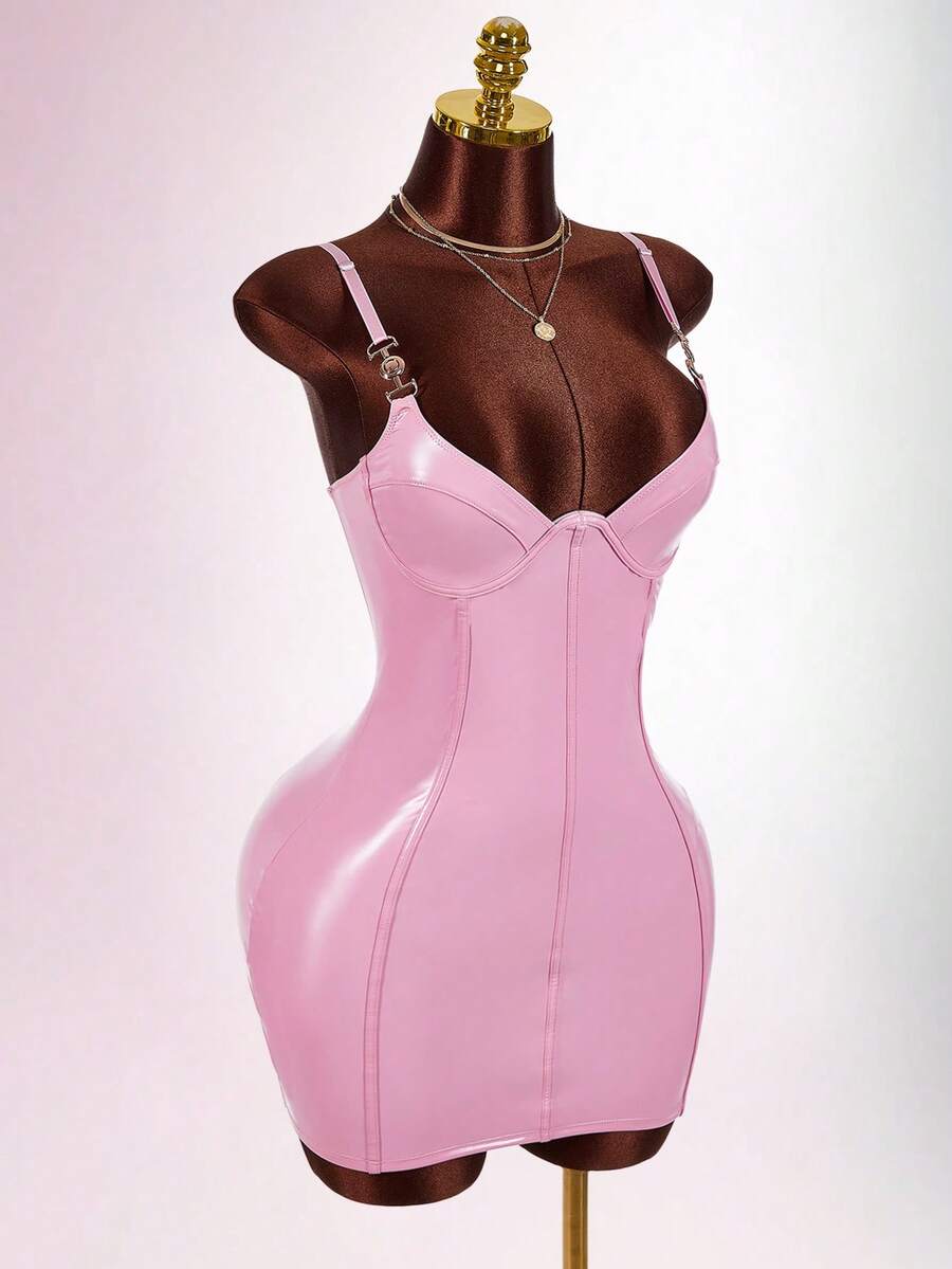 Women's sleeveless spaghetti strap mini bodycon dress featuring cup details, backless design, and zipper closure.