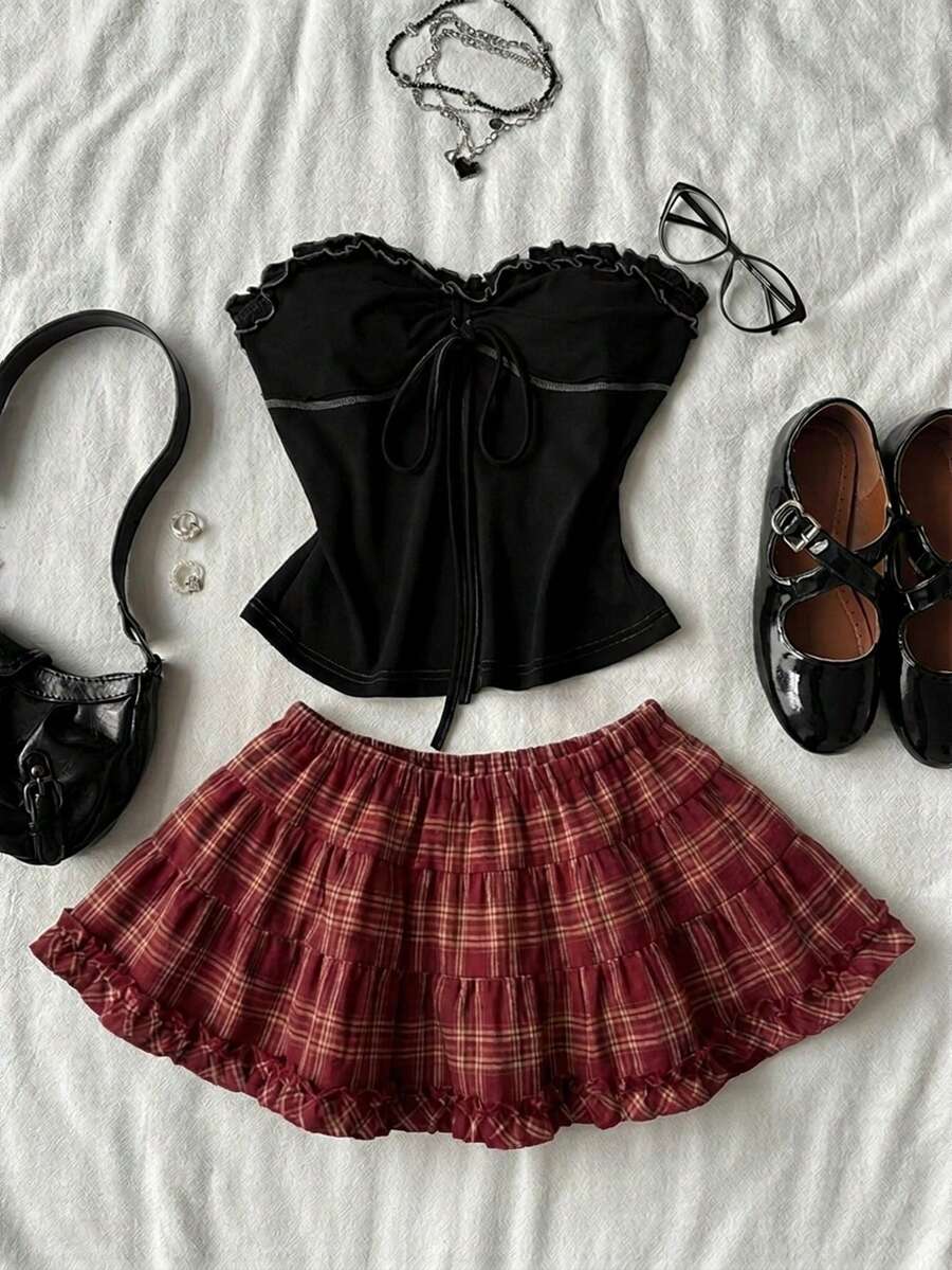 Black plain pleated frill trim low waist cotton skort for women