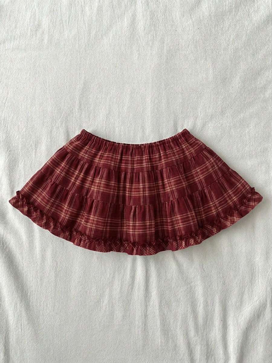 Black plain pleated frill trim low waist cotton skort for women