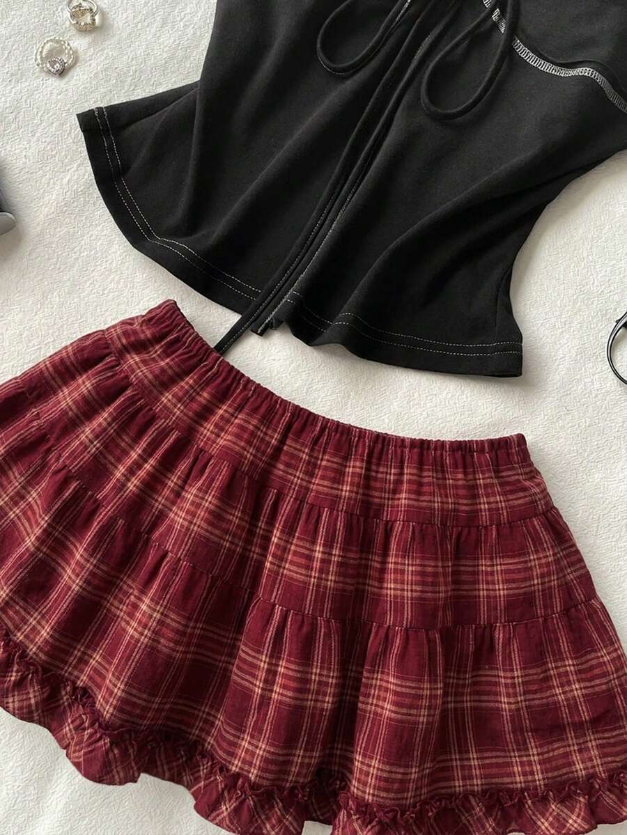 Black plain pleated frill trim low waist cotton skort for women