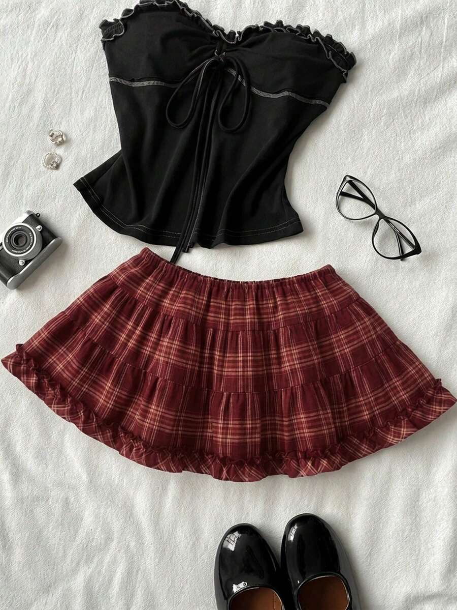 Black plain pleated frill trim low waist cotton skort for women
