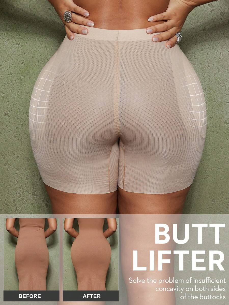 Apricot high-stretch women's butt lifting shapewear shorts with removable padded buttocks for tummy and waist control.