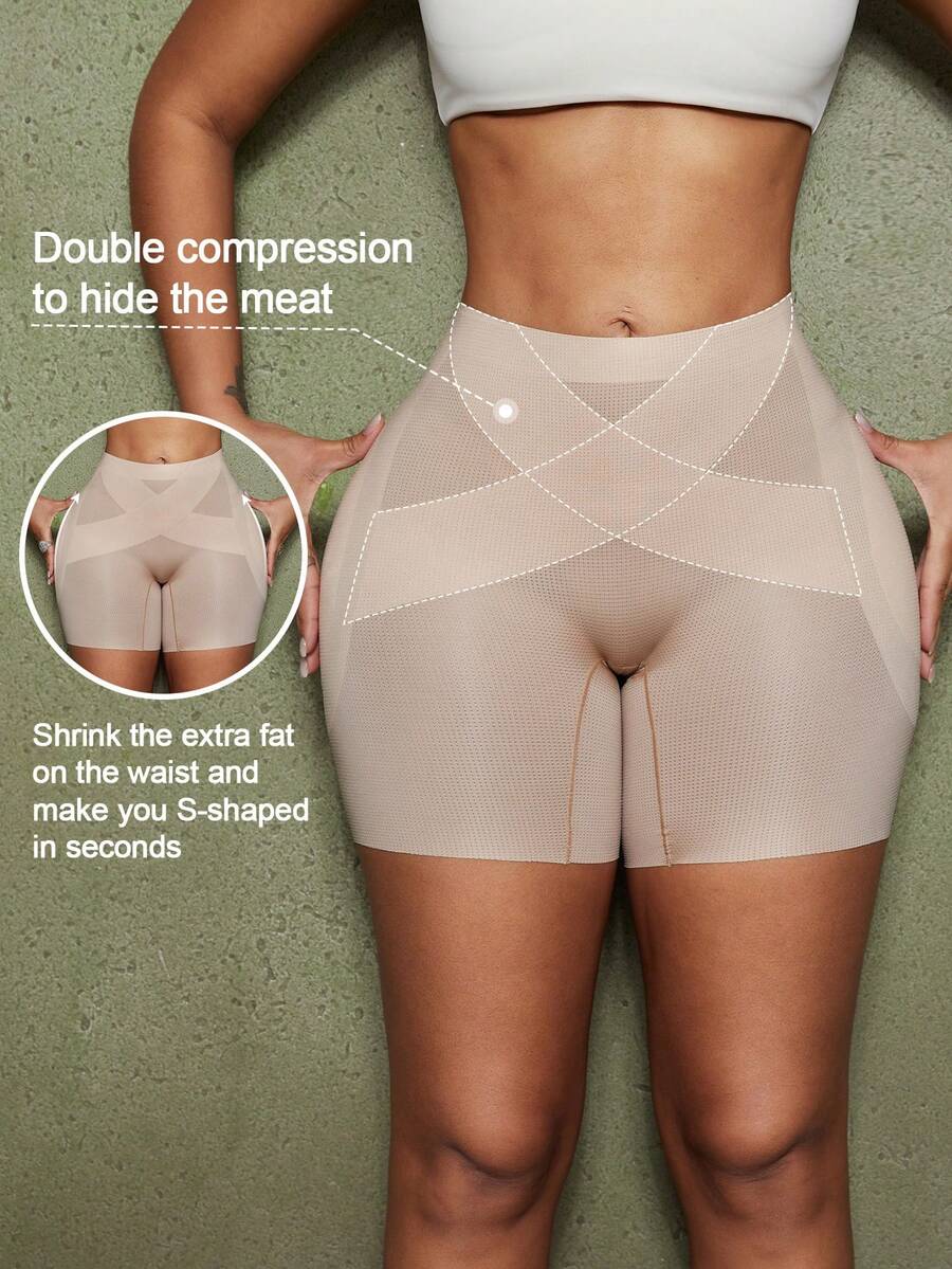 Apricot high-stretch women's butt lifting shapewear shorts with removable padded buttocks for tummy and waist control.