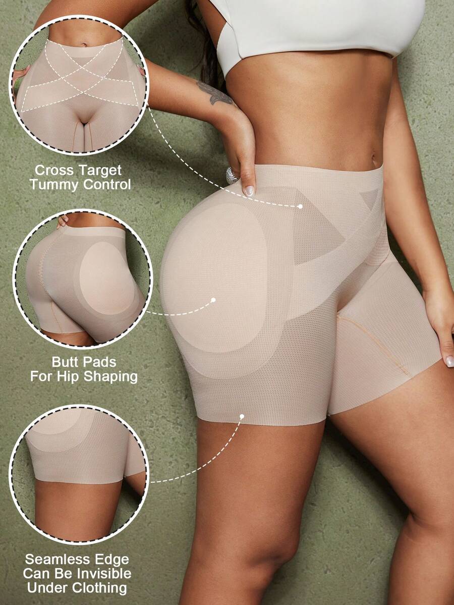 Apricot high-stretch women's butt lifting shapewear shorts with removable padded buttocks for tummy and waist control.
