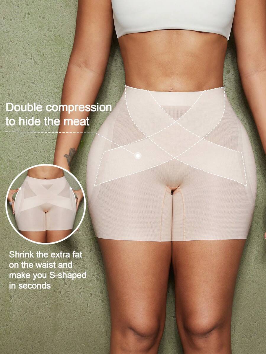 Apricot high-stretch women's butt lifting shapewear shorts with removable padded buttocks for tummy and waist control.