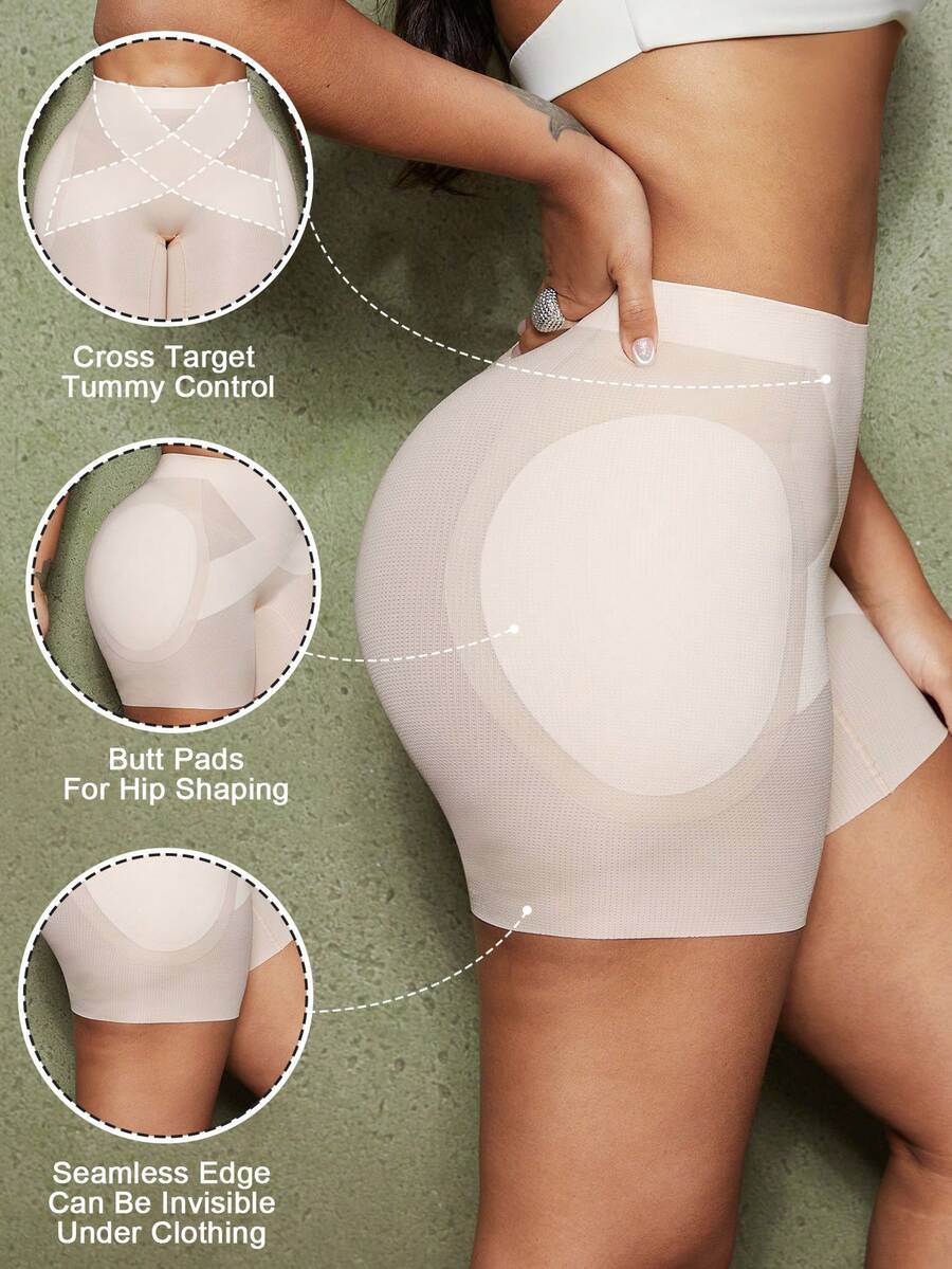 Apricot high-stretch women's butt lifting shapewear shorts with removable padded buttocks for tummy and waist control.