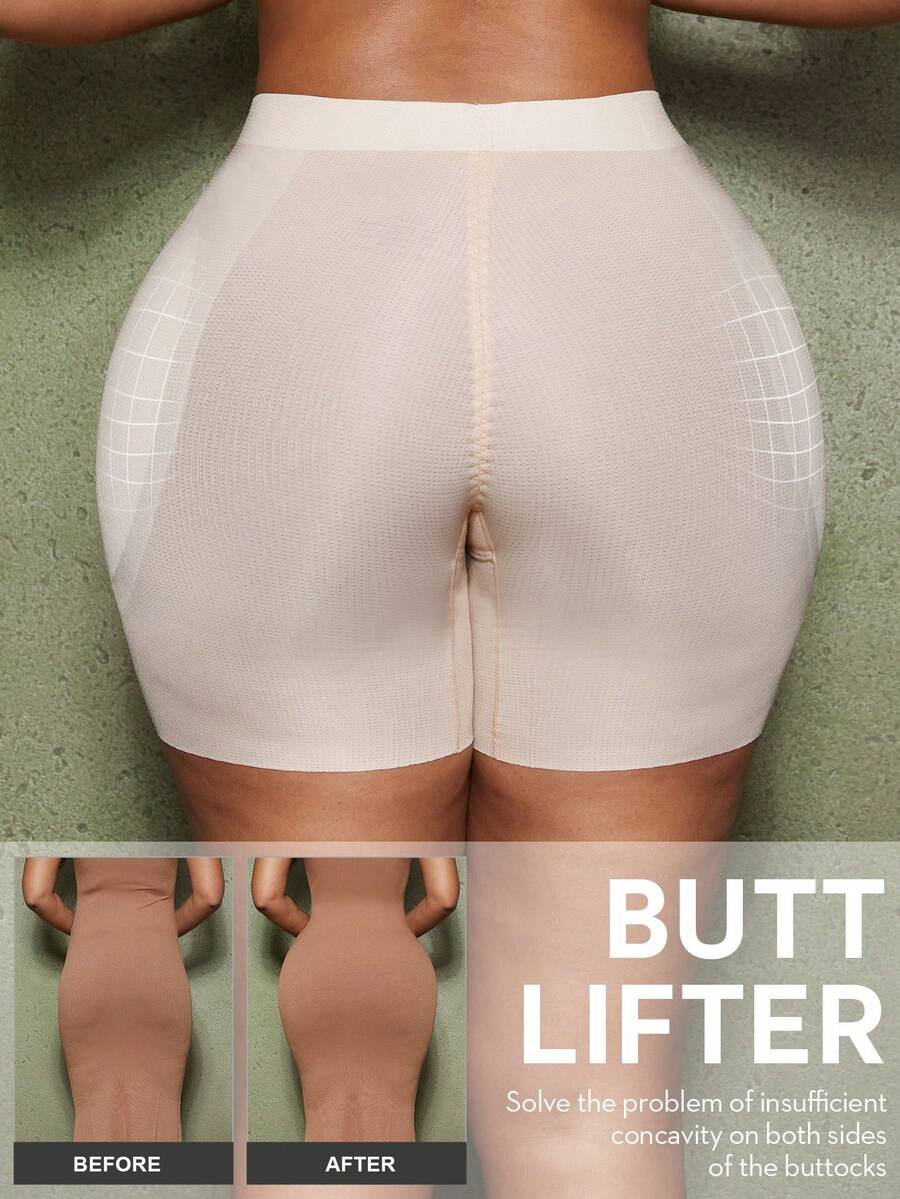 Apricot high-stretch women's butt lifting shapewear shorts with removable padded buttocks for tummy and waist control.