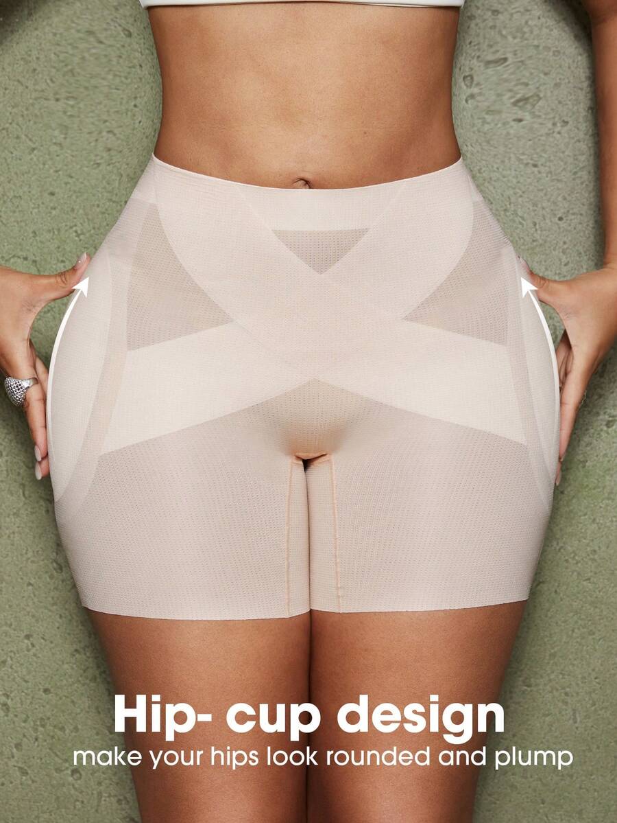 Apricot high-stretch women's butt lifting shapewear shorts with removable padded buttocks for tummy and waist control.