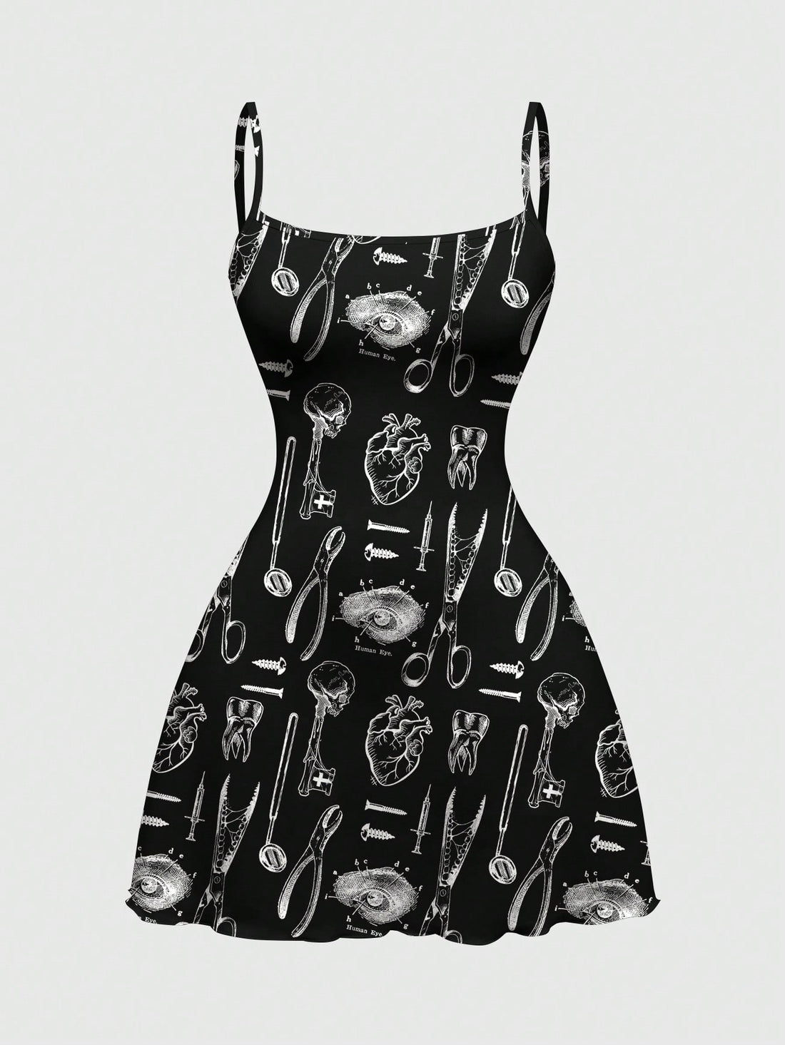 Black gothic print cami mini dress for women featuring spaghetti straps, backless high waist, flared lettuce trim hem, and matching arm sleeves.