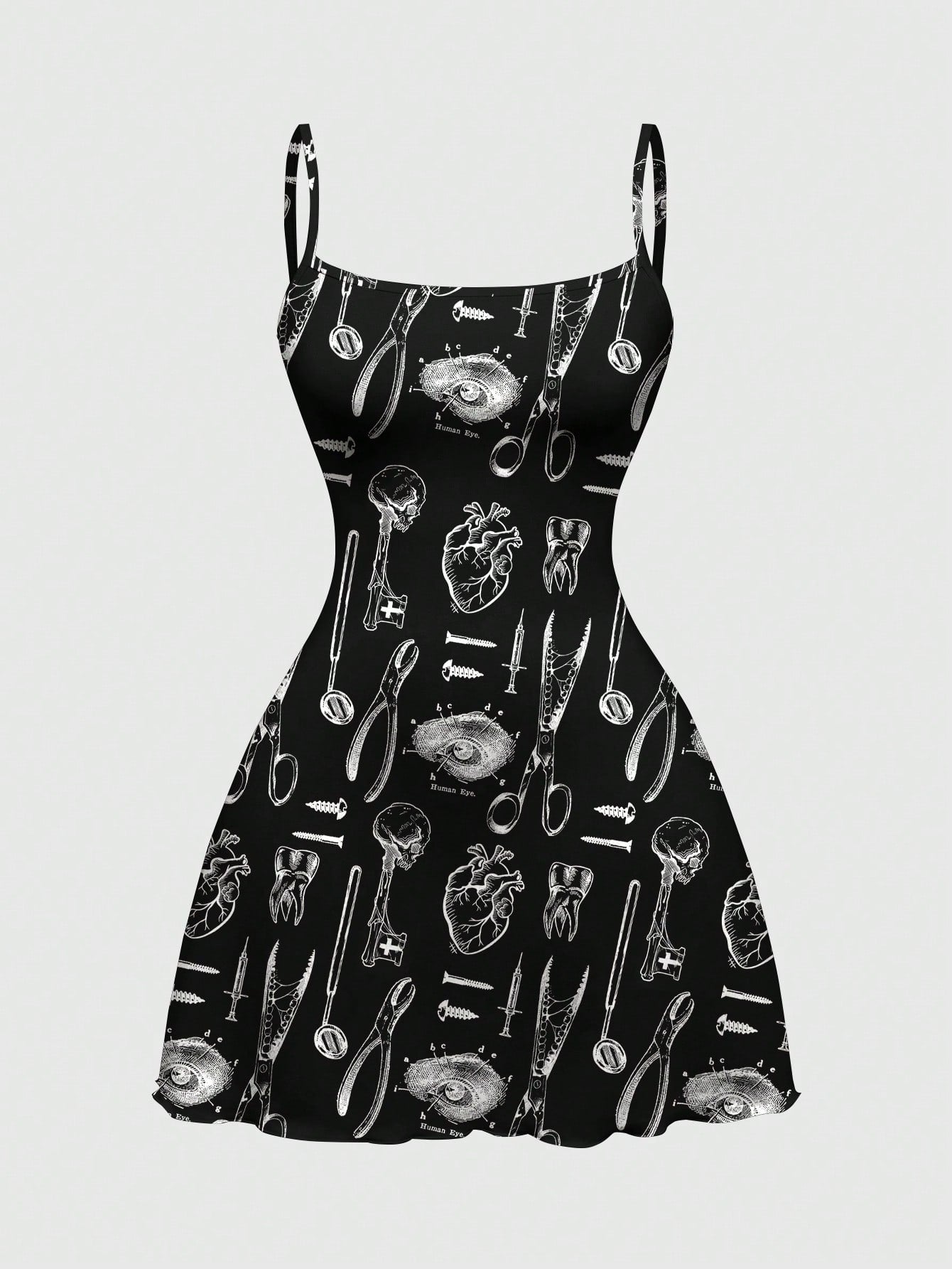 Black gothic print cami mini dress for women featuring spaghetti straps, backless high waist, flared lettuce trim hem, and matching arm sleeves.