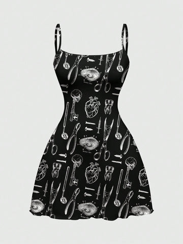 Black gothic print cami mini dress for women featuring spaghetti straps, backless high waist, flared lettuce trim hem, and matching arm sleeves.