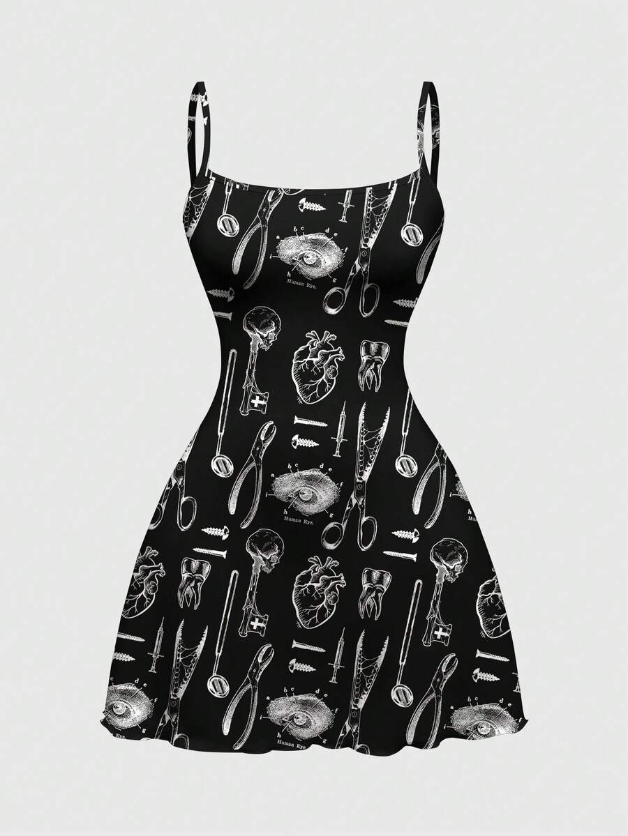 Black gothic print cami mini dress for women featuring spaghetti straps, backless high waist, flared lettuce trim hem, and matching arm sleeves.