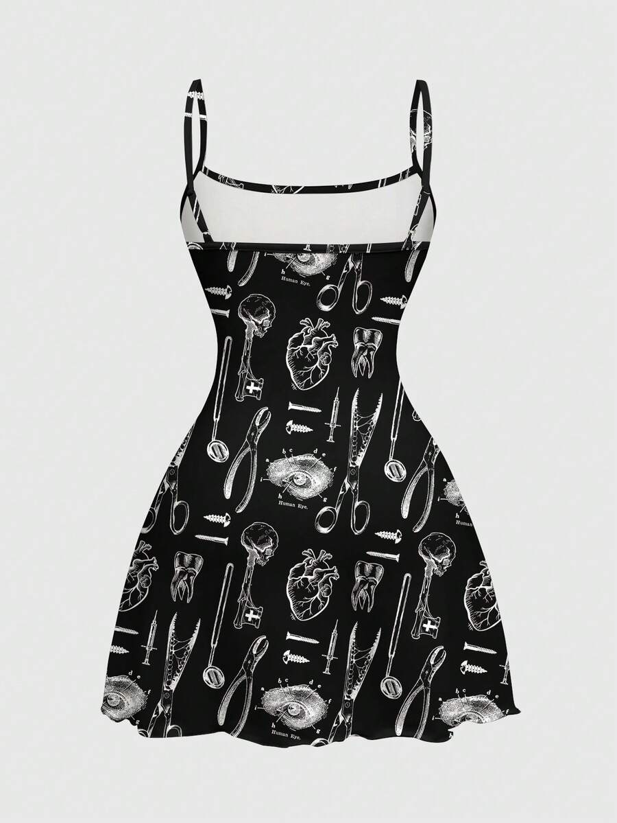 Black gothic print cami mini dress for women featuring spaghetti straps, backless high waist, flared lettuce trim hem, and matching arm sleeves.