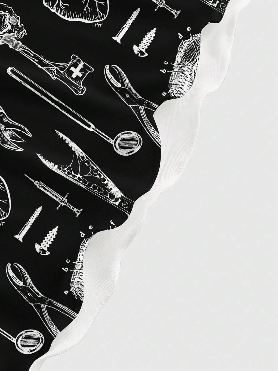 Black gothic print cami mini dress for women featuring spaghetti straps, backless high waist, flared lettuce trim hem, and matching arm sleeves.