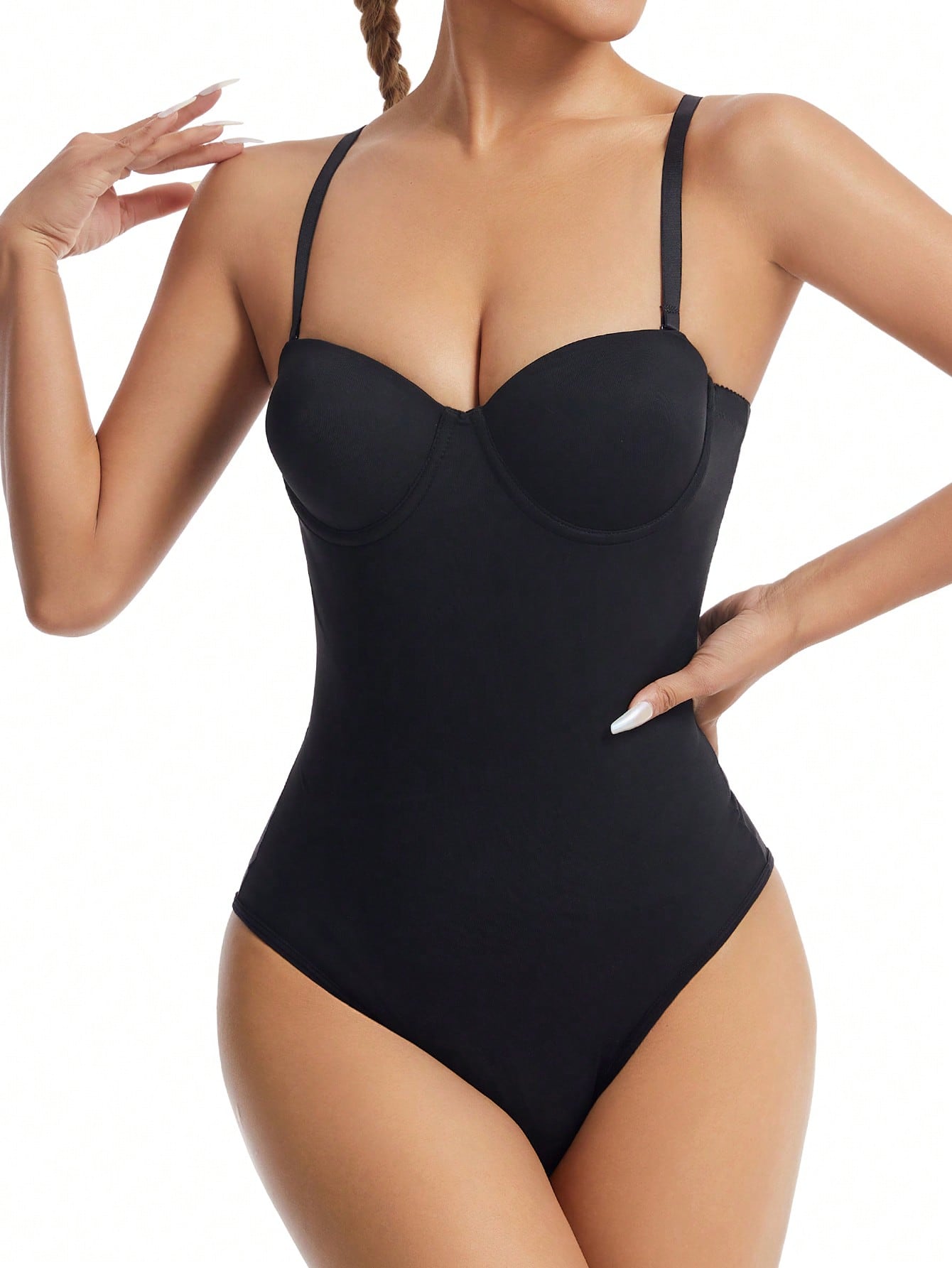 EasyFave women's apricot shapewear bodysuit jumpsuit with cup detail, long leg length, and knitted fabric.
