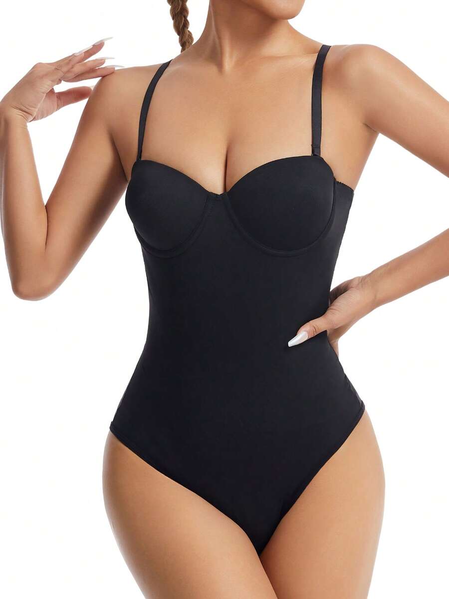 EasyFave women's apricot shapewear bodysuit jumpsuit with cup detail, long leg length, and knitted fabric.
