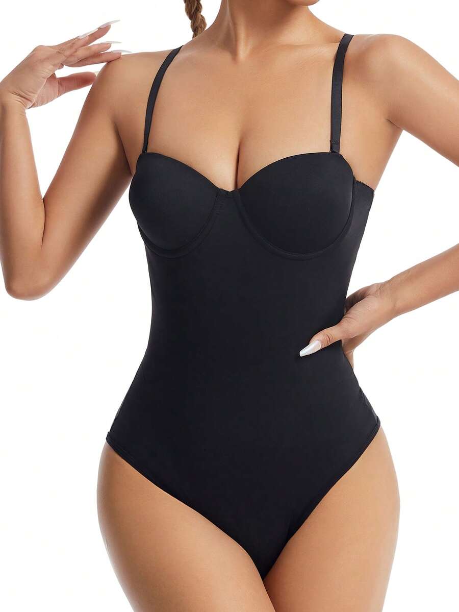EasyFave women's apricot shapewear bodysuit jumpsuit with cup detail, long leg length, and knitted fabric.