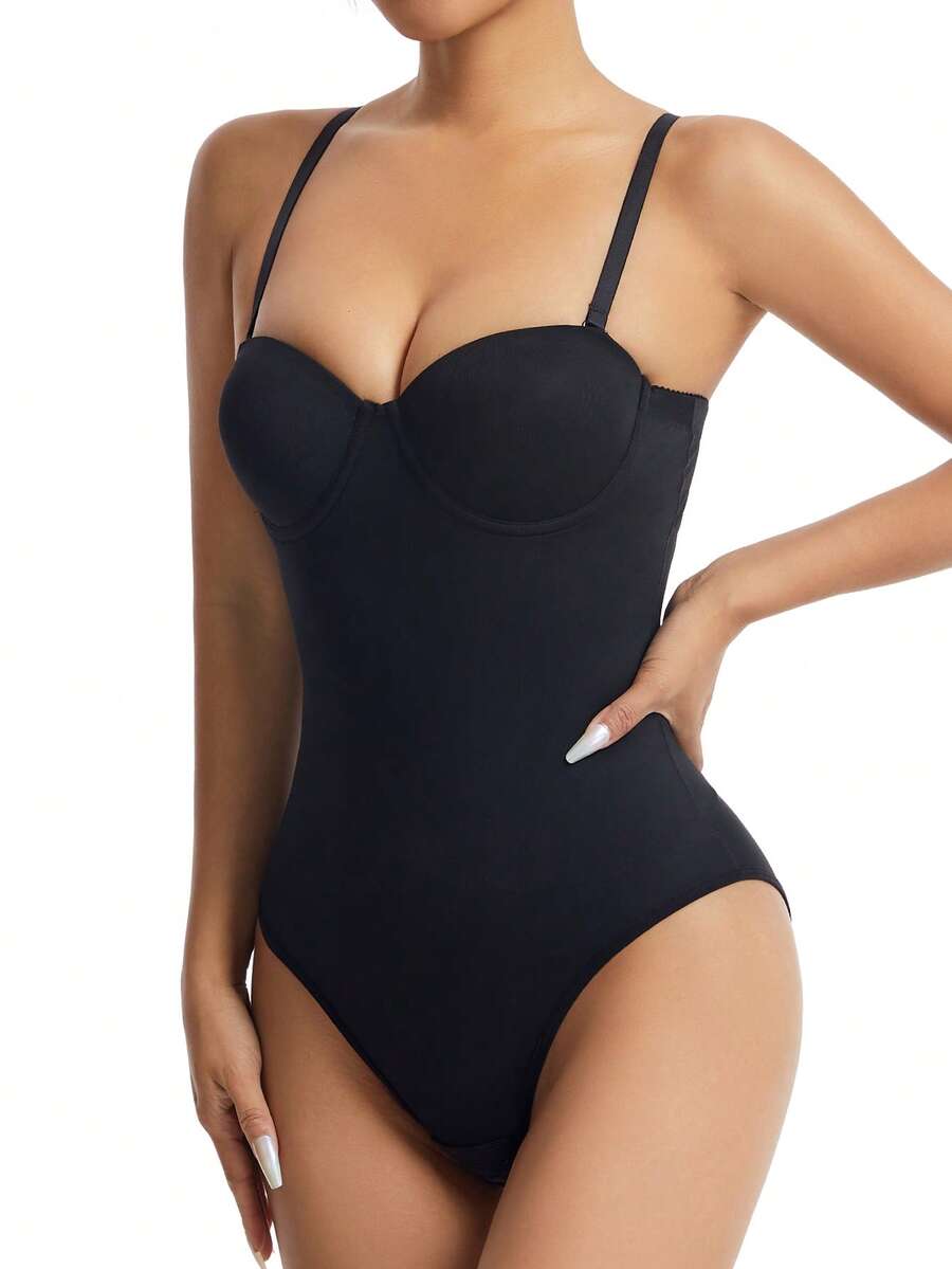 EasyFave women's apricot shapewear bodysuit jumpsuit with cup detail, long leg length, and knitted fabric.