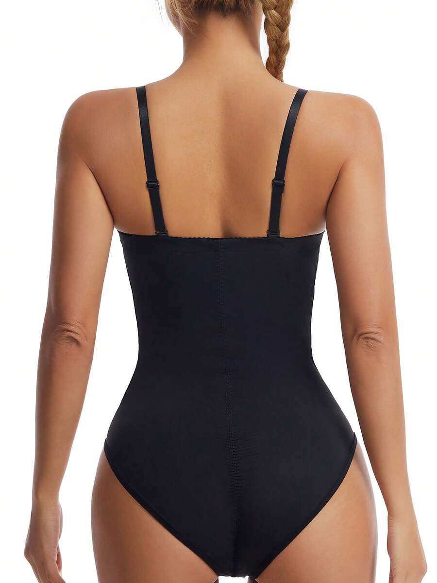 EasyFave women's apricot shapewear bodysuit jumpsuit with cup detail, long leg length, and knitted fabric.