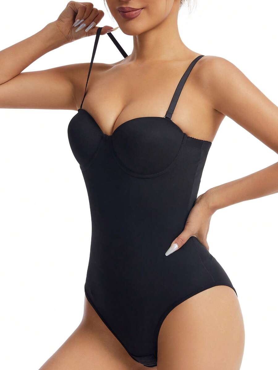EasyFave women's apricot shapewear bodysuit jumpsuit with cup detail, long leg length, and knitted fabric.