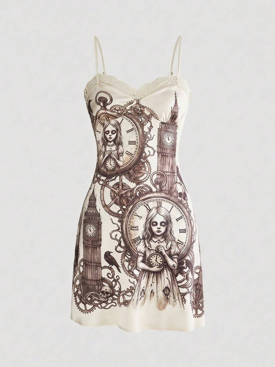 Women's champagne satin cami mini dress featuring vintage goth print, flared hem, cup details, and spaghetti straps.