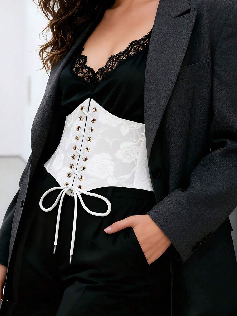 Black lace-up waist cincher with grommet eyelets, baroque pattern, medium stretch, and wide belt design for women.