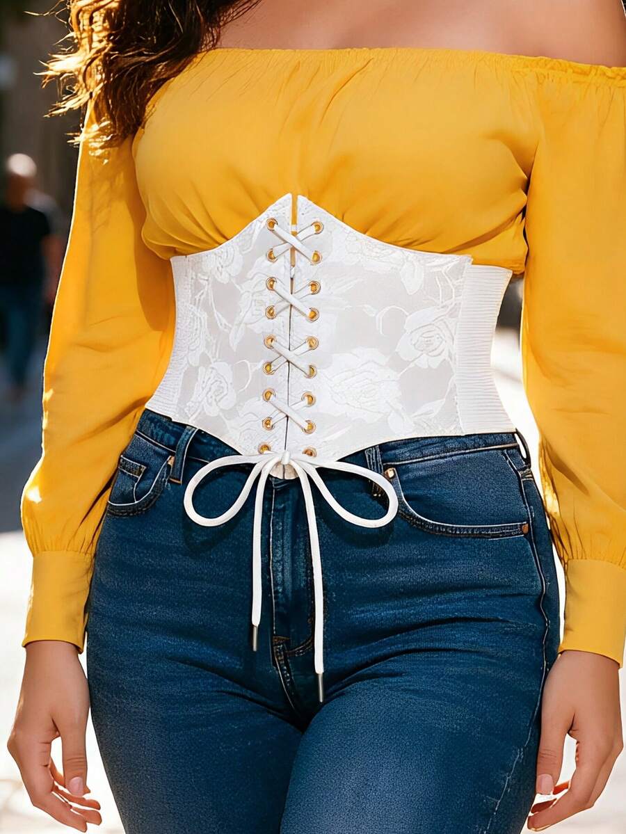 Black lace-up waist cincher with grommet eyelets, baroque pattern, medium stretch, and wide belt design for women.