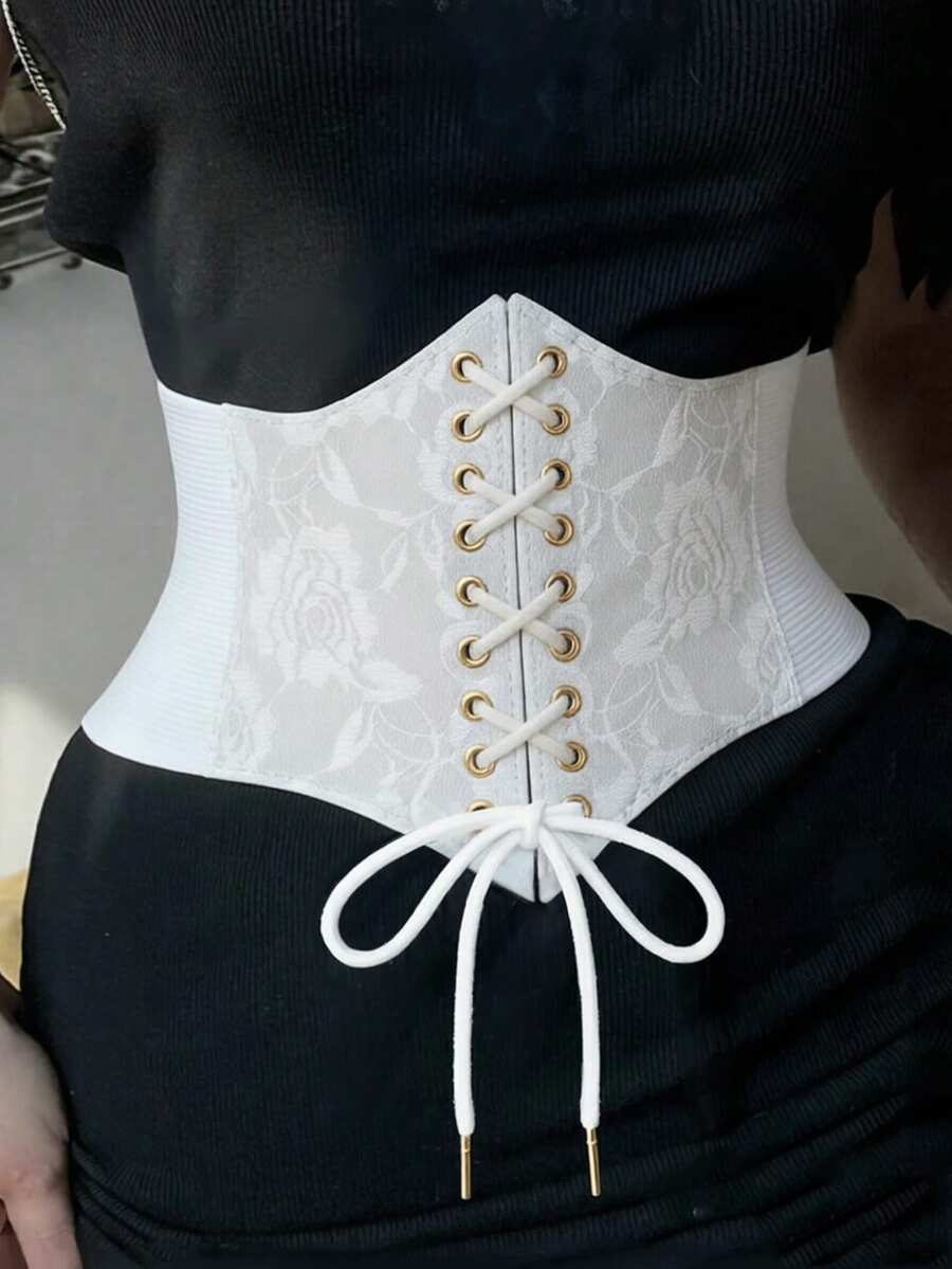 Black lace-up waist cincher with grommet eyelets, baroque pattern, medium stretch, and wide belt design for women.