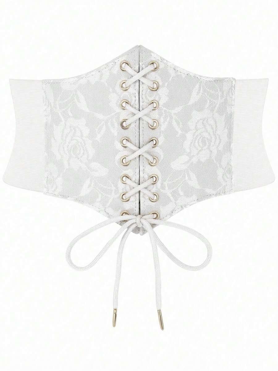 Black lace-up waist cincher with grommet eyelets, baroque pattern, medium stretch, and wide belt design for women.