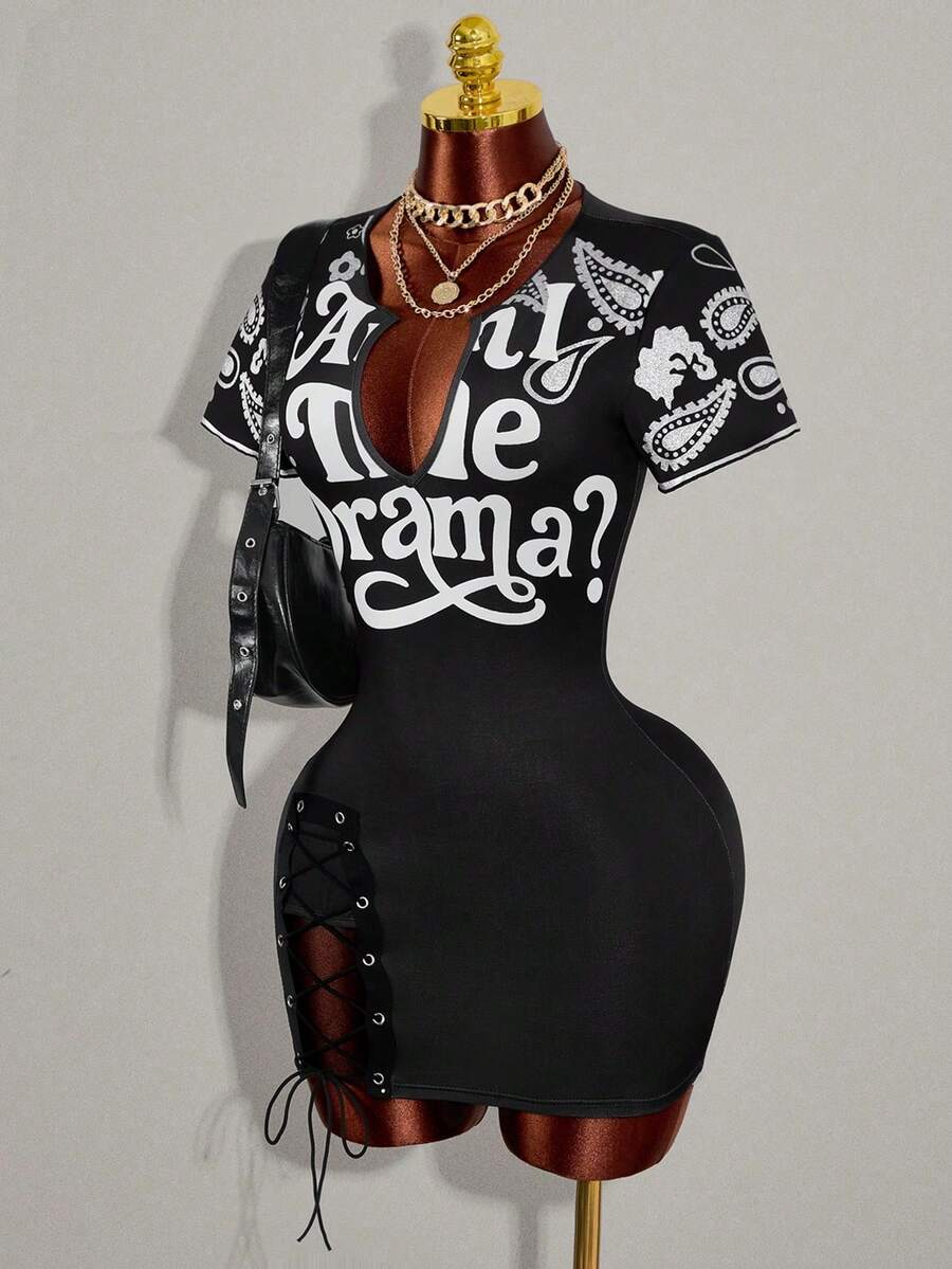 Women's black bodycon mini dress featuring grommet eyelet lace-up front detail, drop shoulder short sleeves, and slim fit stretch knit fabric.