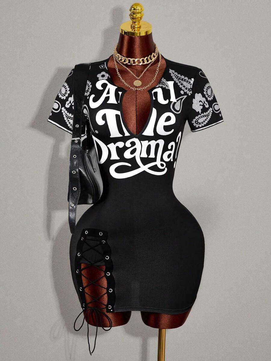Women's black bodycon mini dress featuring grommet eyelet lace-up front detail, drop shoulder short sleeves, and slim fit stretch knit fabric.