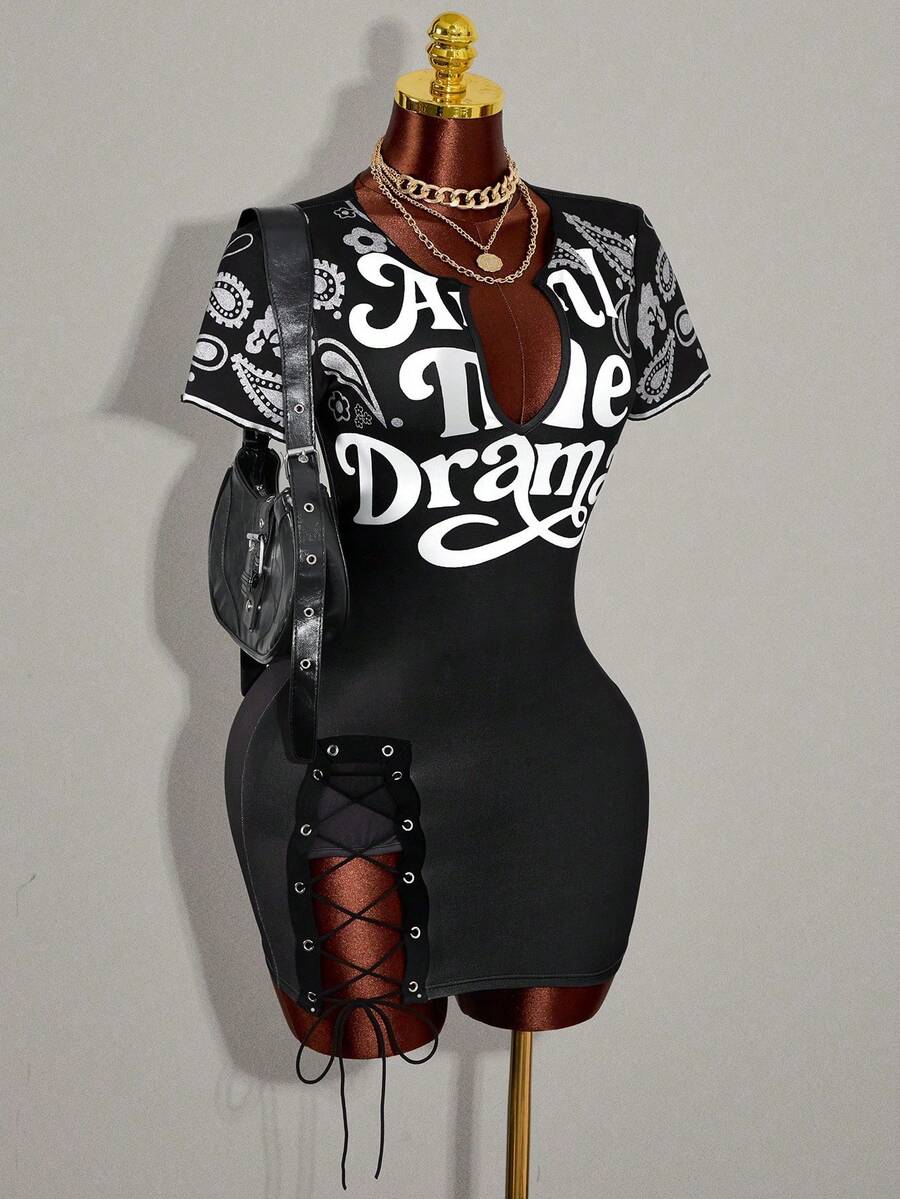 Women's black bodycon mini dress featuring grommet eyelet lace-up front detail, drop shoulder short sleeves, and slim fit stretch knit fabric.