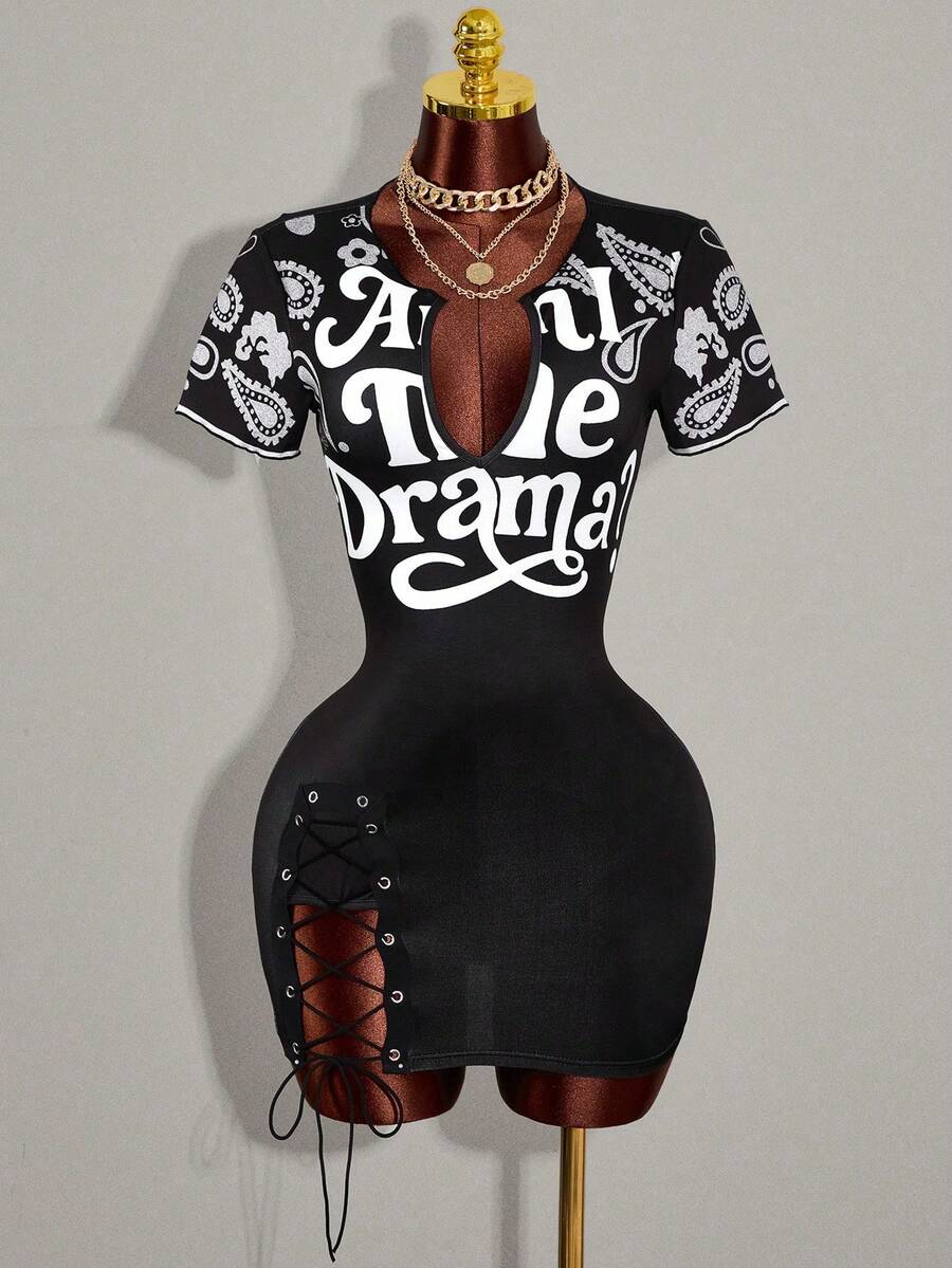 Women's black bodycon mini dress featuring grommet eyelet lace-up front detail, drop shoulder short sleeves, and slim fit stretch knit fabric.